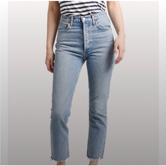 Agolde Riley Straight Jeans Size 27 Medium Wash Cropped Raw Hem 100% Cotton - Picture 1 of 16